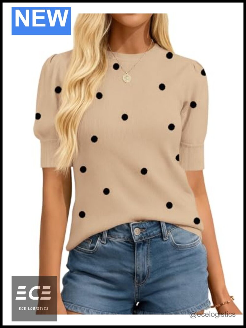 Polka Dot Puff Short Sleeve Sweater Crew Neck Pullover Business Casual Top